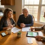 Adult child caregiver and elderly parent reviewing Medicaid waiver paperwork and payment details at a sunlit kitchen table with a caseworker present