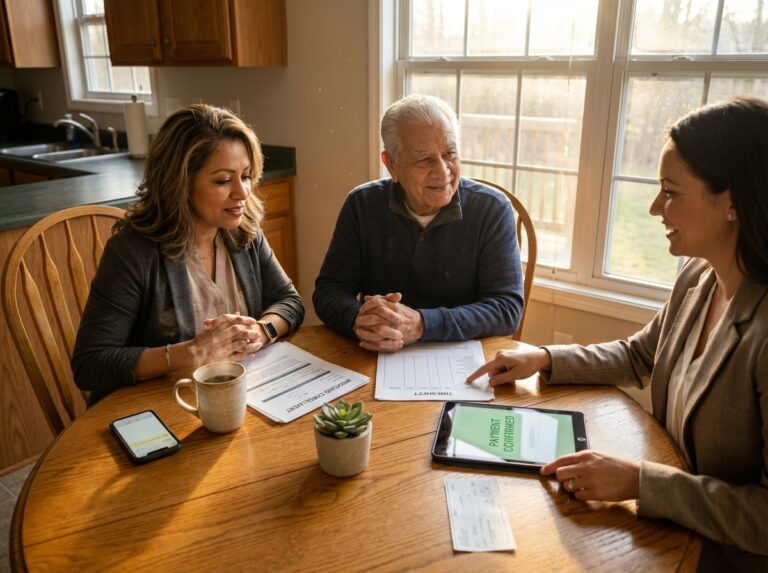 Adult child caregiver and elderly parent reviewing Medicaid waiver paperwork and payment details at a sunlit kitchen table with a caseworker present