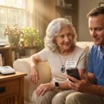 Elderly person wearing a medical alert pendant while a family caregiver smiles and checks alert notifications on a smartphone in a sunlit home, showing relief and teamwork