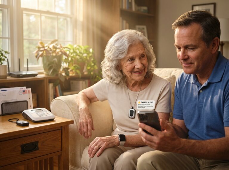 Elderly person wearing a medical alert pendant while a family caregiver smiles and checks alert notifications on a smartphone in a sunlit home, showing relief and teamwork