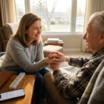 Family caregiver holding the hand of an elderly relative in a warm living room with a care plan notebook and pill organizer visible