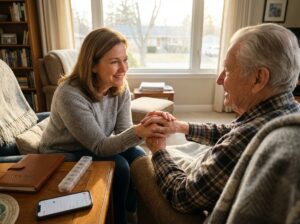 Family caregiver holding the hand of an elderly relative in a warm living room with a care plan notebook and pill organizer visible