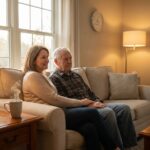 Family caregiver comforting an older adult in a warmly lit living room at sunset to illustrate managing sundowning and preventing caregiver burnout