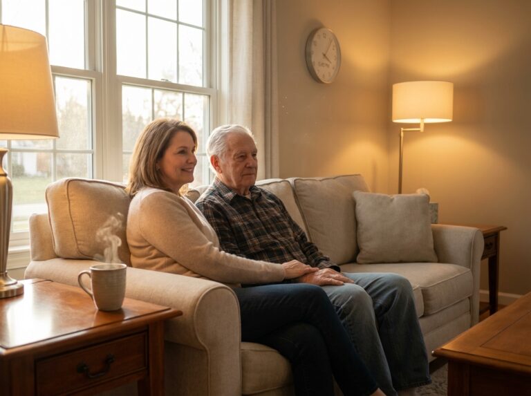 Family caregiver comforting an older adult in a warmly lit living room at sunset to illustrate managing sundowning and preventing caregiver burnout