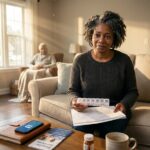 Tired middle‑aged family caregiver at home holding a pillbox and calendar with an elderly relative in the background, warm natural light, supportive materials on the table