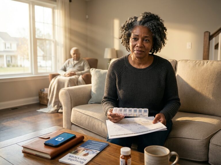 Tired middle‑aged family caregiver at home holding a pillbox and calendar with an elderly relative in the background, warm natural light, supportive materials on the table
