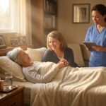 Family caregiver holding the hand of an elderly relative in a home hospice setting with a nurse nearby in a warm supportive atmosphere