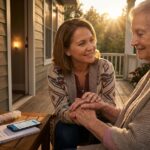 Family caregiver holding hands with an elderly relative at sunset on a porch, showing a calm evening routine and caregiving supplies nearby