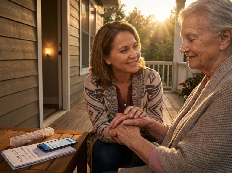 Family caregiver holding hands with an elderly relative at sunset on a porch, showing a calm evening routine and caregiving supplies nearby