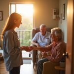 Relieved family caregiver handing keys to a friendly respite worker while an elderly relative smiles in a warm living room setting
