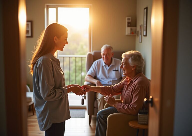 Relieved family caregiver handing keys to a friendly respite worker while an elderly relative smiles in a warm living room setting
