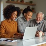 Middle aged caregiver balancing work laptop caring for elderly parent and watching a child at home in a warm kitchen setting