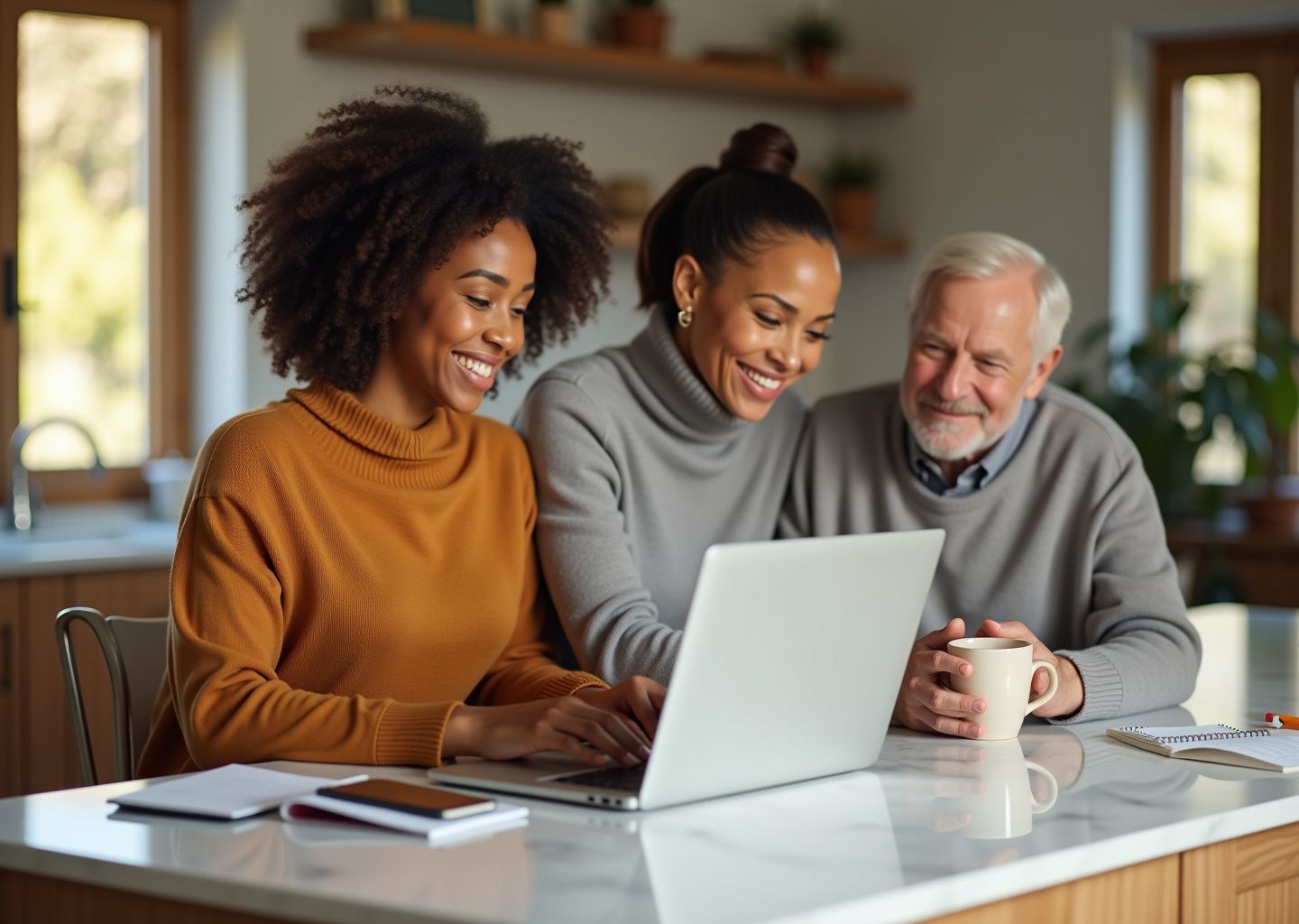 Middle aged caregiver balancing work laptop caring for elderly parent and watching a child at home in a warm kitchen setting