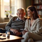 Middle-aged family caregiver sitting beside an elderly relative on a sofa in a warm living room, showing a care plan notebook, pill organizer, and smartphone on a side table