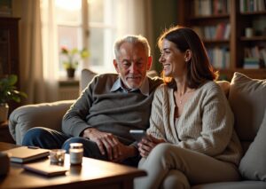 Middle-aged family caregiver sitting beside an elderly relative on a sofa in a warm living room, showing a care plan notebook, pill organizer, and smartphone on a side table