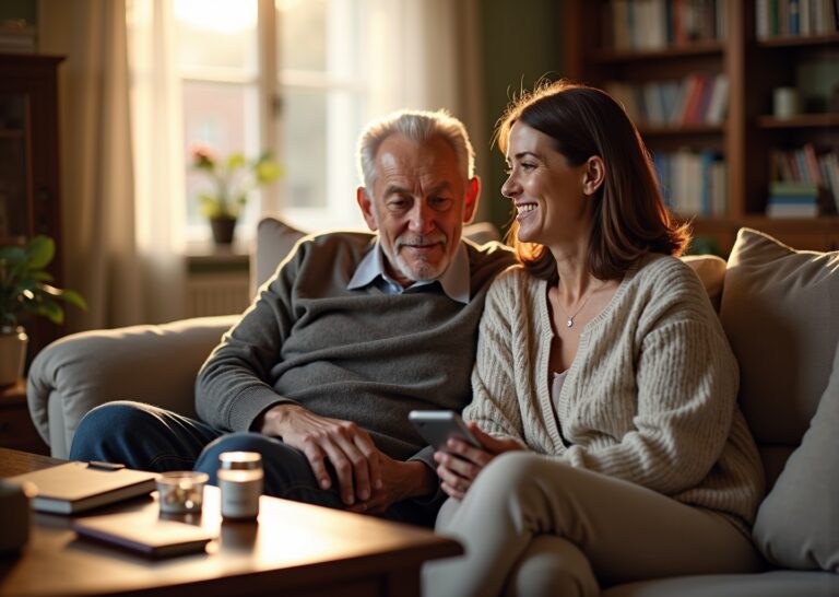 Middle-aged family caregiver sitting beside an elderly relative on a sofa in a warm living room, showing a care plan notebook, pill organizer, and smartphone on a side table