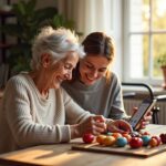 Family caregiver supporting an elderly person with dementia doing an art activity at home; warm, safe, and supportive scene