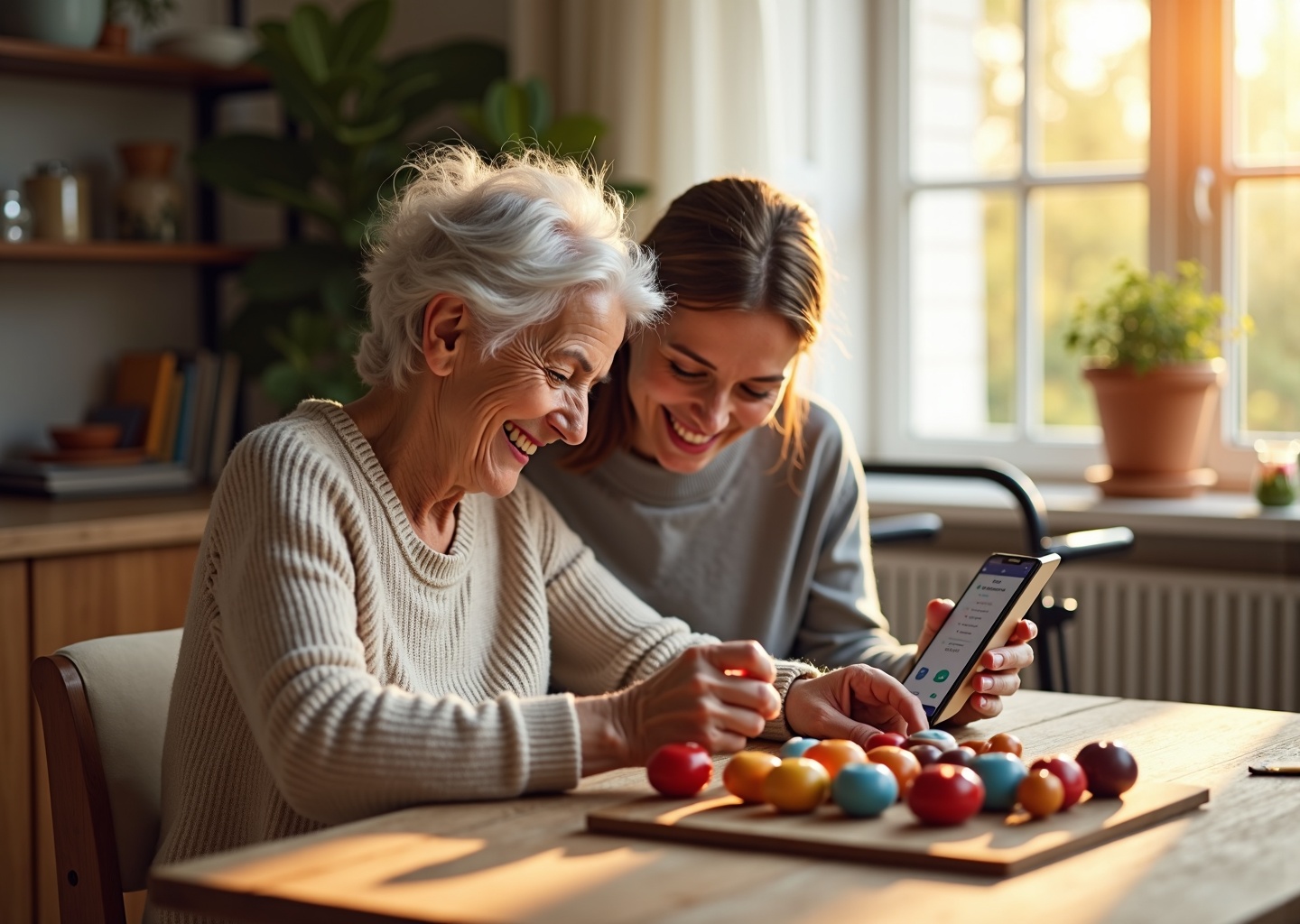 Family caregiver supporting an elderly person with dementia doing an art activity at home; warm, safe, and supportive scene