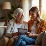 Family caregiver and older adult reviewing a home safety checklist in a bright living room with grab bars, non-slip rug, and clear walkways visible