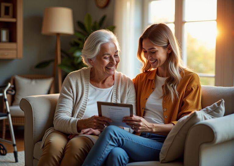 Family caregiver and older adult reviewing a home safety checklist in a bright living room with grab bars, non-slip rug, and clear walkways visible