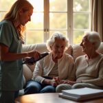 Diverse family caregiver holding elderly relative’s hand while a palliative nurse discusses care at home