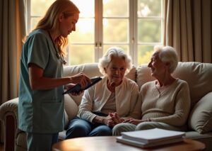 Diverse family caregiver holding elderly relative’s hand while a palliative nurse discusses care at home