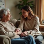 Caregiver calmly responding to an elderly relative in a warm living room with memory aids visible