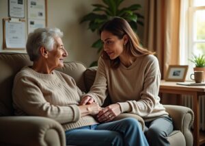 Caregiver calmly responding to an elderly relative in a warm living room with memory aids visible