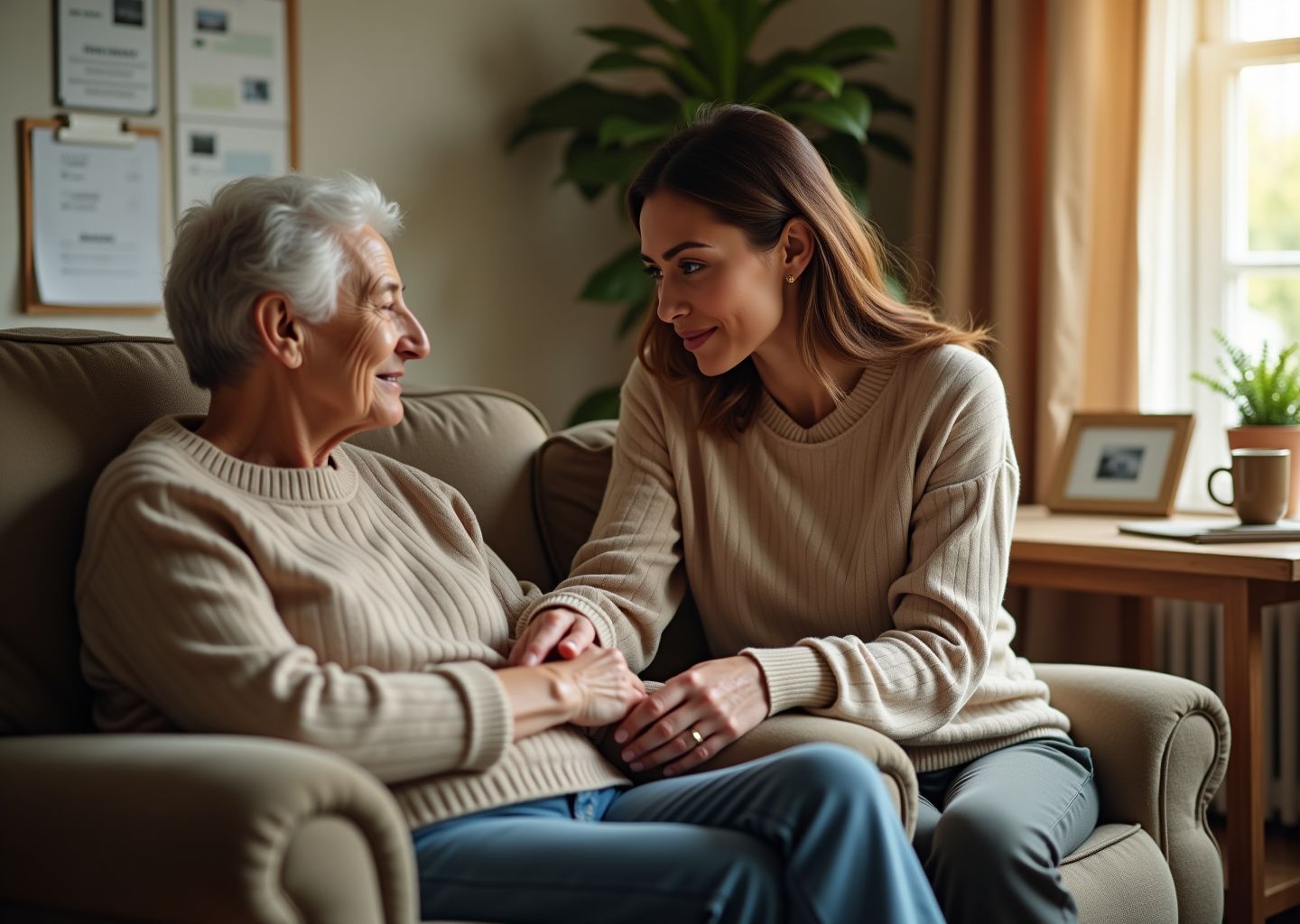 Caregiver calmly responding to an elderly relative in a warm living room with memory aids visible